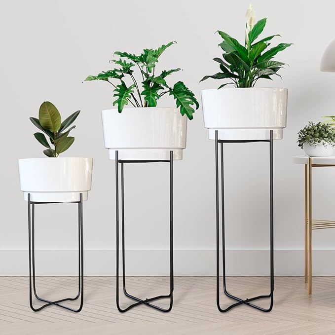 White Round Modern Metal Designer Planters Set Of 2