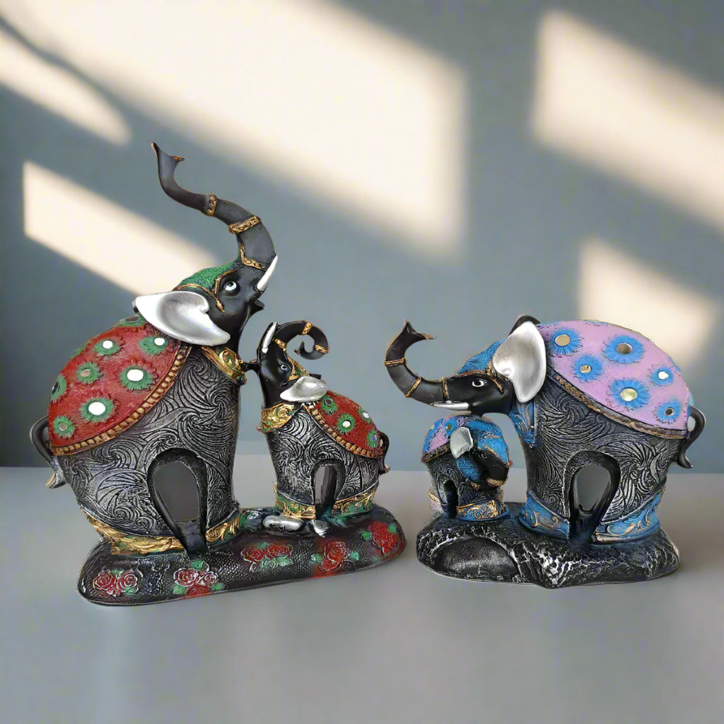 Multicolor Up Trunk Pair of Elephants Statue