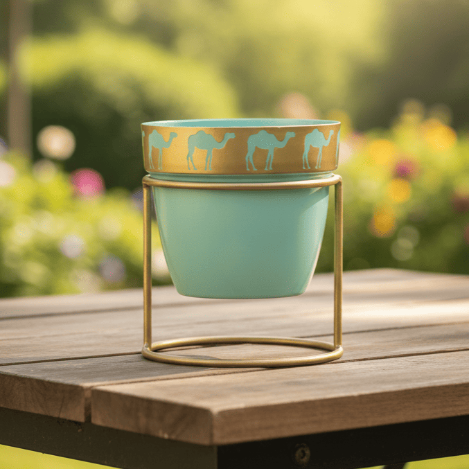 White Round Camel Design Metal Pot with Stand