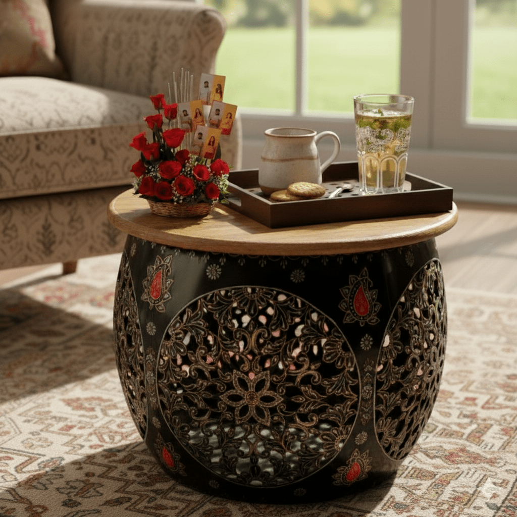 Hand Painted Metal Center Stool with Wooden Seater