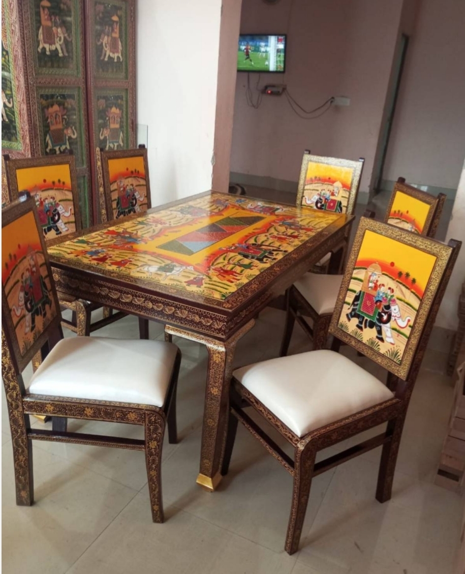 Royal Rajasthani Hand-Painted Wooden Dining Table Set (6 Seater)